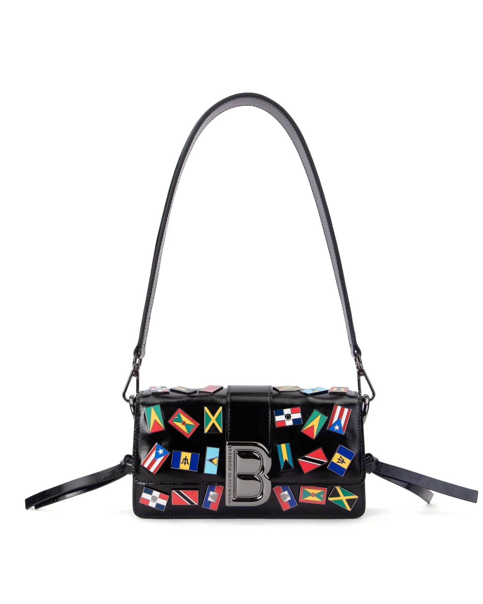 Heritage Medium Nia Bag in black oiled leather with embroidered Caribbean flags