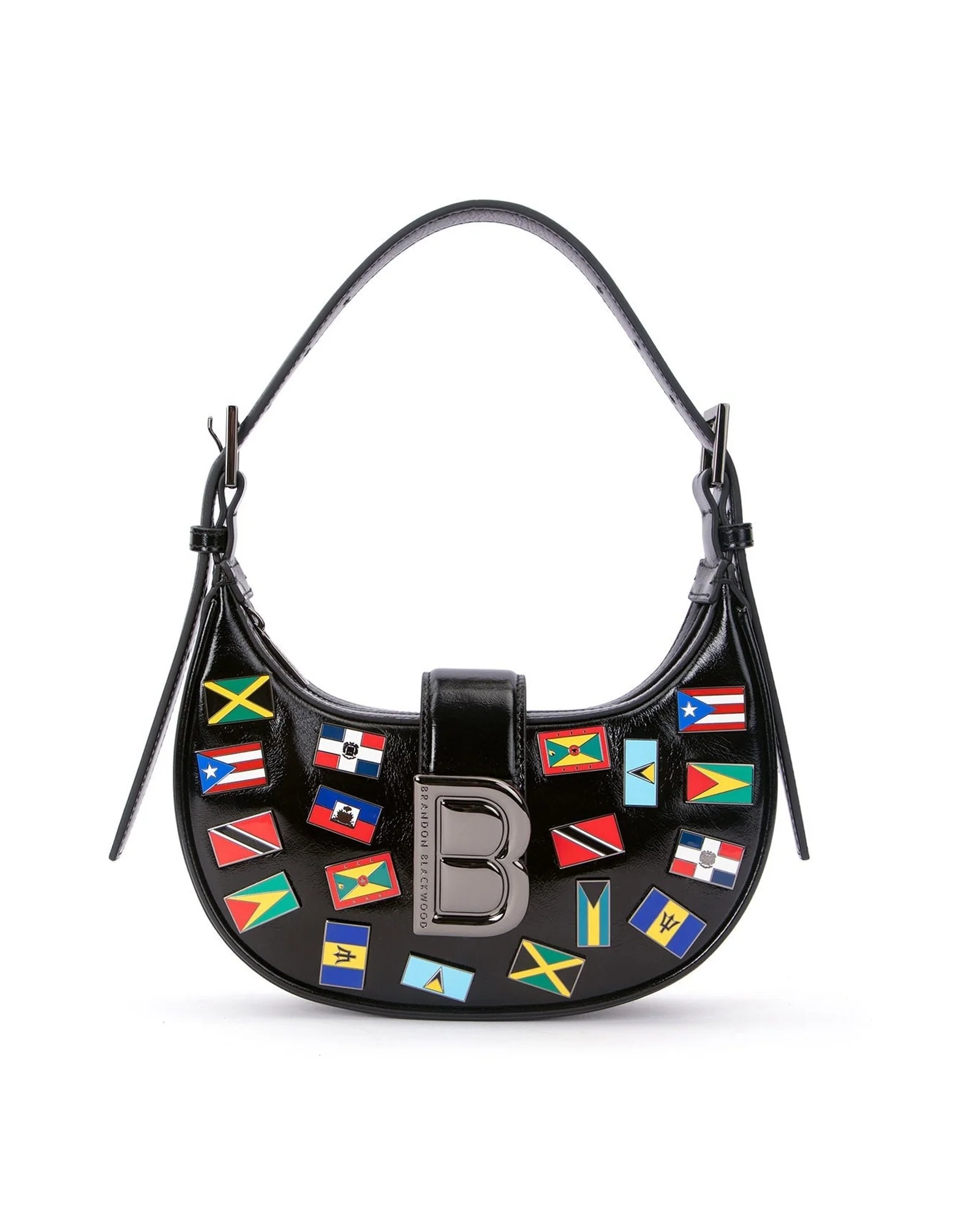 Heritage Luna Bag in black oiled leather with embroidered Caribbean flags across its curved silhouette